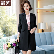 晨芙中長款小西裝外套女氣質(zhì)職業(yè)套裝時尚風衣大衣商務(wù)西服正裝工作服 黑色風衣+半裙+長褲 4XL 建議140-152斤