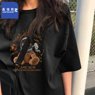 真維斯（JEANSWEST Z+）短袖女2025新款春夏純棉半袖t恤胖mm大碼寬松休閑時(shí)尚男女款半袖 黑（宇宙泰迪） 4XL (170-190斤）