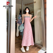 皮爾卡丹（pierre cardin）大尺碼條紋連衣裙女胖mm微胖吊帶裙子美式牛仔外套兩件套顯瘦套裝 粉色長款吊帶裙 L (建議100~120斤)