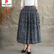 皮爾卡丹（pierre cardin）印花新款棉麻文藝高腰復古中長(cháng)款半身裙顯瘦松緊碎花裙子 蘭小花 均碼 80-165斤穿】裙長(cháng)80公分