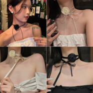 OGBI黑色蕾絲項鏈女高級感頸鏈頸帶項圈黑繩鎖骨鏈脖子飾品配飾 4#山茶話(huà)玫瑰花4件