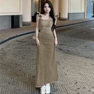 葉余復古氣質(zhì)吊帶飛袖牛仔連衣裙女2025新款修身收腰顯 卡其色(4896) S