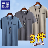 羅蒙新款短袖T恤夏季男士純色半袖圓領(lǐng)中青年寬松休閑百搭帥氣上衣 DX霧霾藍(lán)+鐵灰+卡其 4XL 【推薦160-180斤】