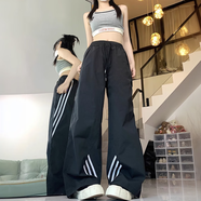 衣然呈品美式高街三條杠闊腿休閑褲女秋季街頭嘻哈寬松工裝褲運(yùn)動(dòng)長(zhǎng)褲子女 黑色 L 【建議110-130斤】