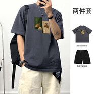 純棉重磅短袖t恤男寬松套裝夏季潮流五分半袖高街工裝一套衣服男 灰色短袖+黑色短褲 M 【建議80-100斤】