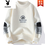 花花公子（PLAYBOY）圓領(lǐng)毛衣男士秋冬款情侶潮流保暖中性風(fēng)毛線衣套頭軟糯打底針織衫 白色 M