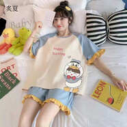 炙夏短袖短褲睡衣套裝女生夏季寬松休閑韓版甜美可愛(ài)卡通可外穿家居服 荷葉帽鴨-藍-短 M 140-150cm   60-80斤
