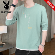 花花公子（PLAYBOY）品牌純棉長(zhǎng)袖t恤男裝春夏季潮流寬松圓領(lǐng)撞色打底小衫體恤上衣服 K1314粉綠 L 建議   110-120斤