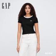 Gap女裝2025春季新款刺繡logo撞色圓領修身短袖T恤上衣美版727444 黑色 XS 美碼  M亞洲碼165/84A
