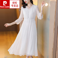 皮爾卡丹（pierre cardin）真絲連衣裙夏季中年媽媽氣質(zhì)2025春季新款純色高端大碼喬其紗裙子 白色 L 建議105斤-115斤