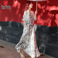 皮爾卡丹（pierre cardin）早春海邊度假連衣裙女夏季新款冰絲防曬吊帶裙兩件套裝長裙子 白披+花色裙 M 100-110