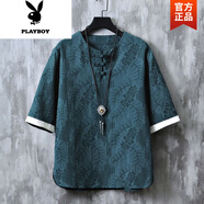 花花公子（PLAYBOY）中國風(fēng)男裝提花棉麻短袖t恤男夏季復古居士服新中式T恤亞麻禪服 灰藍色 L 【參考體重120-135斤】