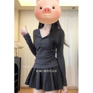 LDBE假兩件蕾絲長(cháng)袖針織V領(lǐng)打底衫女秋冬純欲修身內搭甜辣春季上衣潮 深灰色 S 【95斤以?xún)取?
                                         title=