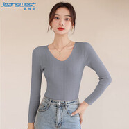 真維斯（JEANSWEST）針織衫女2025春夏修身V領(lǐng)長(zhǎng)袖打底針織衫內(nèi)搭上衣女灰色均碼