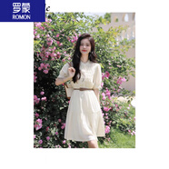 羅蒙（ROMON）女裝米白色連衣裙女2025春夏新款宿本茶歇法式a字收腰顯瘦長(zhǎng)裙子 白色短 M