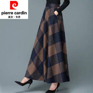 皮爾卡丹（pierre cardin）毛呢格子半身裙a字裙大擺長(zhǎng)裙中長(zhǎng)款裙子女春秋冬季女裝針織 咖啡色 2XL