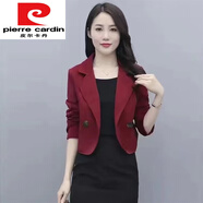 皮爾卡丹（pierre cardin）小西裝短外套女春秋2024新款洋氣時(shí)尚百搭小個(gè)子短款西服外搭上衣 酒紅色外套單層 XL 建議-115