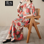 簡(jiǎn)當(dāng)（JIANDANG）大碼女裝夏V領(lǐng)薄款寬松文藝度假風(fēng)沙灘裙復(fù)古遮肉長(zhǎng)款連衣裙5847 西瓜紅 大碼均碼【120-190斤】