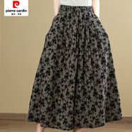 皮爾卡丹印花新款棉麻文藝高腰復古中長(cháng)款半身裙顯瘦松緊碎花裙子 黑格小花 均碼 80-165斤穿】裙長(cháng)80公分
