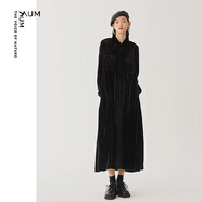 噢姆（AUM）【店鋪臻選】2024冬季新款壓褶絲絨襯衫裙長袖連衣裙女 黑色 S