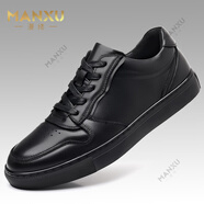 漫緒（MANXU）品牌男鞋2025新款頭層牛皮休閑鞋男潮流百搭厚底黑色鞋子男板鞋男 黑色 【真皮+手工上線】 40 【標(biāo)準(zhǔn)皮鞋碼數(shù)】