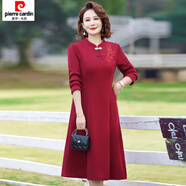 皮爾卡丹（pierre cardin）結(jié)婚禮服媽媽喜服春款旗袍春裝新款喜婆婆婚宴春秋冬連衣裙 2401【酒紅色加絨】 2XL 【建議110-125斤左右】
