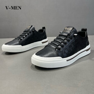 V-MEN【牛皮】VMEN春季2025免系帶小白鞋輕便男士透氣簡(jiǎn)約百搭真皮板鞋 黑色 皮鞋碼 42
