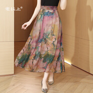 意枕上中老年媽媽裝花色A字裙子真絲印花中長(cháng)款半身裙松緊腰大擺裙 粉紅色 L 建議105-115斤