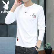 花花公子（PLAYBOY）長(zhǎng)袖t恤男春秋新款百搭休閑寬松衛(wèi)衣男潮流時(shí)尚純色圓領(lǐng)上衣男裝 白色 L