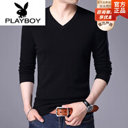 花花公子（PLAYBOY）品牌高端 羊毛針織衫男V領(lǐng)純色韓版毛衣男士雞心領(lǐng)長(zhǎng)袖薄款打底衫 黑色 XL 175/115(140-160斤))