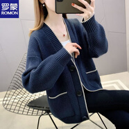 羅蒙（ROMON）2025新款秋冬針織開(kāi)衫毛衣女寬松韓版加厚洋氣淑女外套百搭顯瘦 藏青色 3XL 140-155斤