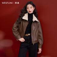 西遇加絨加厚皮衣外套女2024年冬季新款毛領皮毛一體翻領夾克 咖色 M