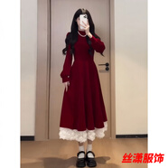 絲瀟感紅色圣誕新年絲絨連衣裙女2024年秋冬新款法式氣質(zhì)收腰裙子 紅色長(zhǎng)裙 M