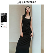 太平鳥方領(lǐng)無袖氣質(zhì)吊帶連衣裙夏新款收腰顯瘦長款黑色赫本風(fēng)裙子 黑色1 M