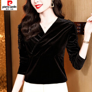 皮爾卡丹（pierre cardin）初秋季交叉v領(lǐng)金絲絨長(cháng)袖t恤女款時(shí)尚氣質(zhì)小衫內搭打底衫減齡上衣 黑色 M 【85-100斤】