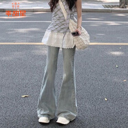 乖甜星復古做舊水洗淺色微喇叭牛仔褲女小個(gè)子高腰彈力直筒顯瘦馬蹄長(cháng)褲 淺色牛仔褲+腰帶 XS