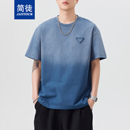 簡(jiǎn)徒（JANTOUR）夏季重磅300克漸變水洗純棉袖T恤男國(guó)潮美式日系休閑情侶半袖t恤 灰藍(lán) 4XL