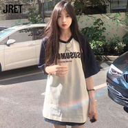 Jret夏季新款短袖T恤女學(xué)生韓版寬松美式復(fù)古字母bf撞色百搭ins上衣女 [SUS字母]B15藍(lán)拼杏 S 70-90斤