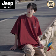 JEEP SPIRIT酒紅色300g重磅純棉t恤美式復古竹節棉男短袖夏季日系穿搭七分袖 酒紅色. S 80-90斤可穿