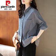 皮爾卡丹（pierre cardin）棉襯衫女士裝春秋2025年新款高端氣質(zhì)洋氣上衣條紋小衫長(zhǎng)袖襯衣 條紋 XL (115-130斤)