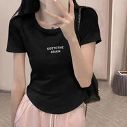 梵闋短袖正肩t恤女夏季新款設計感小眾顯瘦不規則別致甜辣風(fēng)ins上衣 字母-黑色 M -建議100-110斤