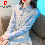 皮爾卡丹（pierre cardin）雪紡襯衫女蕾絲花邊娃娃領(lǐng)打底小衫春秋冬新款2025遮肚長(zhǎng)袖小個(gè)子 藍(lán)色 L