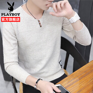 花花公子（PLAYBOY）長(zhǎng)袖T恤男春夏季新款衣服男裝潮牌商務(wù)休閑v領(lǐng)親膚修身打底衫 米色常規(guī)款 XL