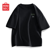 名創(chuàng)優(yōu)品（MINISO）短袖男純棉休閑寬松夏季圓領(lǐng)百搭青少年潮流半袖t恤 黑 XL