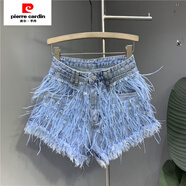 皮爾卡丹（pierre cardin）歐貨年夏季新款個(gè)性流蘇鑲鉆水洗淺藍色休閑短褲時(shí)尚洋氣熱褲 907淺藍色 M 27碼 95-105斤