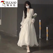 啄木鳥溫柔風(fēng)白月光連衣裙仙女超仙感法式氣質(zhì)初秋清純白色長袖裙子 連衣裙 S