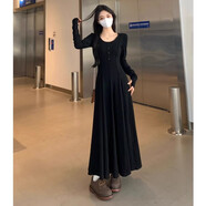 妙奕嘉法式連衣裙女裙子春秋季2025新款純欲夏季長(cháng)裙禮服小個(gè)子高級感 百搭黑紐扣設計帶杠連衣裙 M