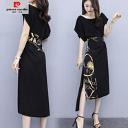 皮爾卡丹（pierre cardin）大碼氣質(zhì)顯瘦連衣裙時(shí)尚新款休閑印花寬松夏季女夏裙子長(zhǎng)裙感 黑色 2XL 136-150斤