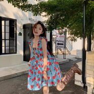 妙奕嘉吊帶連衣裙小個(gè)子夏天裙子女夏季女裝吊帶碎花裙海邊穿搭沙灘裙 藍底碎花連衣裙 M
