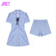 Jret小眾設計藍色條紋襯衫連衣裙法式甜美小個子學院風收腰短裙子夏季 連衣裙 L